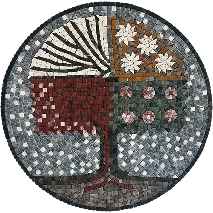 Circular stone mosaic wall art with tree trunk, red and green panels, and flower clusters.