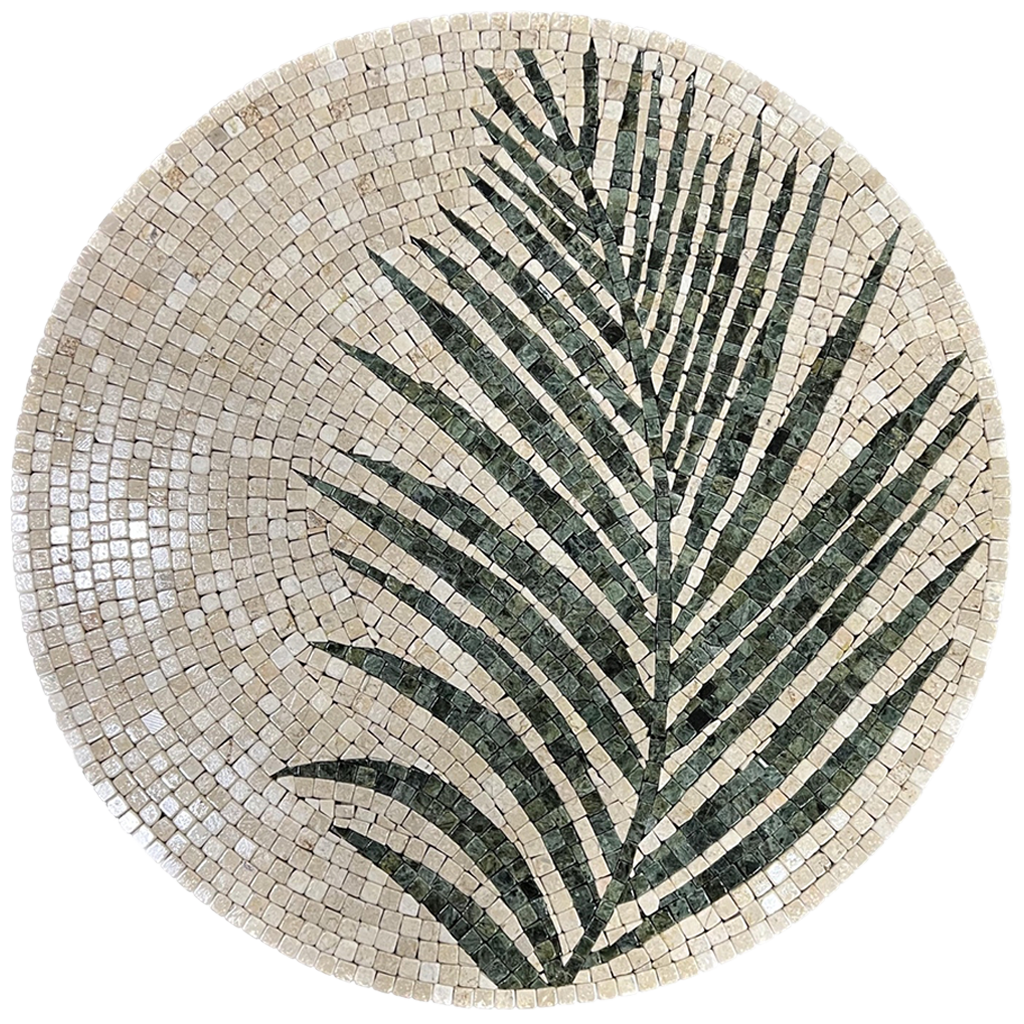 Round stone mosaic wall art, cream tile base with dark green palm leaf centerpiece