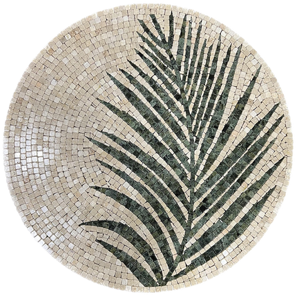 Round stone mosaic wall art, cream tile base with dark green palm leaf centerpiece