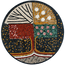 Round mosaic medallion wall art with symmetrical tree motif in red, teal, gold, and black