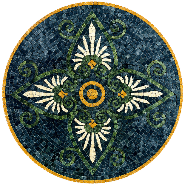 Round blue-green stone mosaic wall art with white daisies, green curls, orange center, and gold border
