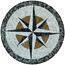 Circular stone mosaic wall art compass with dark frame and gold-and-white star