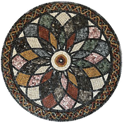 Round stone mosaic floral rosette wall art with multicolor tiles and textured circular frame