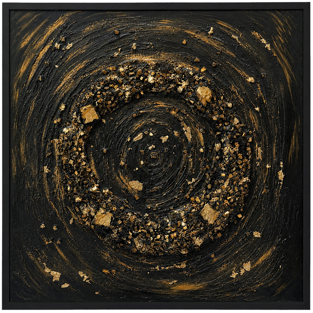 Framed black and gold stone mosaic wall art with central circular swirl pattern