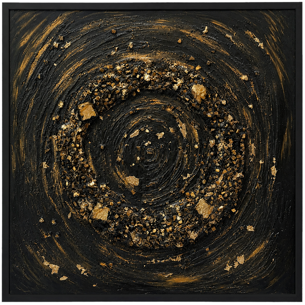 Framed black and gold stone mosaic wall art with central circular swirl pattern