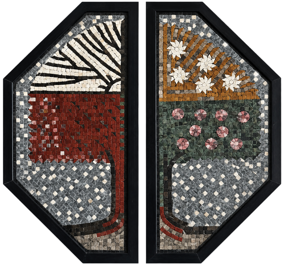Pair of octagon black-framed stone mosaic wall art pieces with zebra stripes and pink flowers