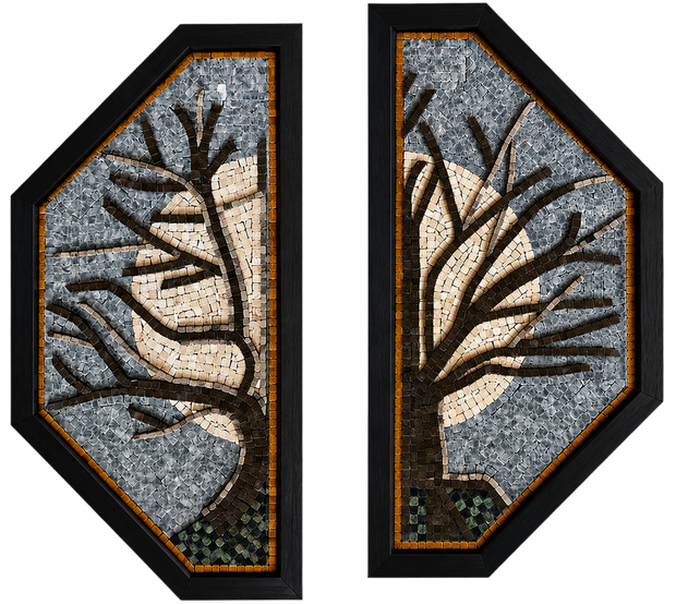 Two octagonal stone mosaic wall arts with tree branches, dark frames, blue-gray stonework
