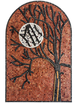 Arched stone mosaic wall art with orange tree, black branches, and a white moon circle