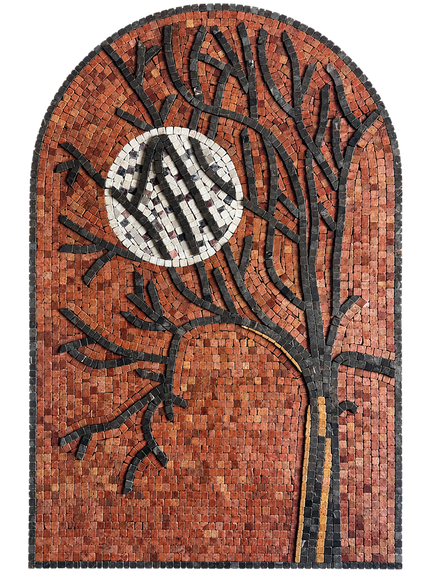 Arched stone mosaic wall art with orange tree, black branches, and a white moon circle
