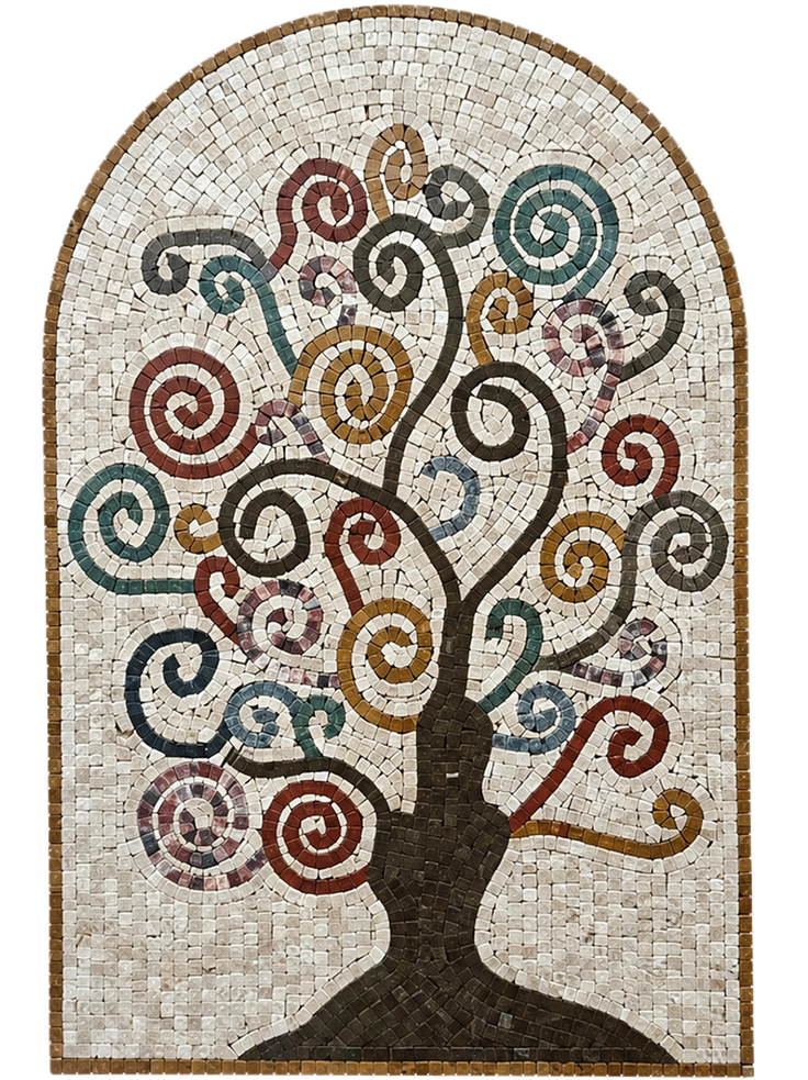 Arched stone mosaic wall art featuring a tree silhouette with multicolor circular tile details