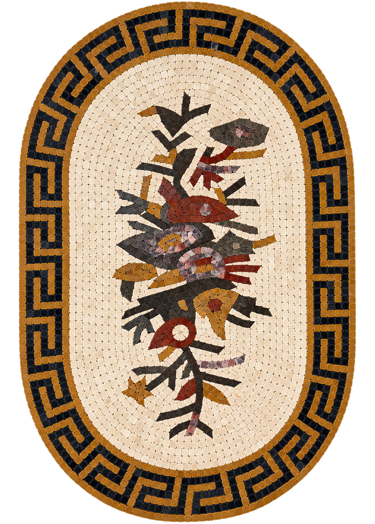 Oval Greek key stone mosaic wall art with central bird and floral pattern in earthy colors