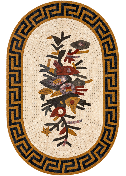 Oval Greek key stone mosaic wall art with central bird and floral pattern in earthy colors