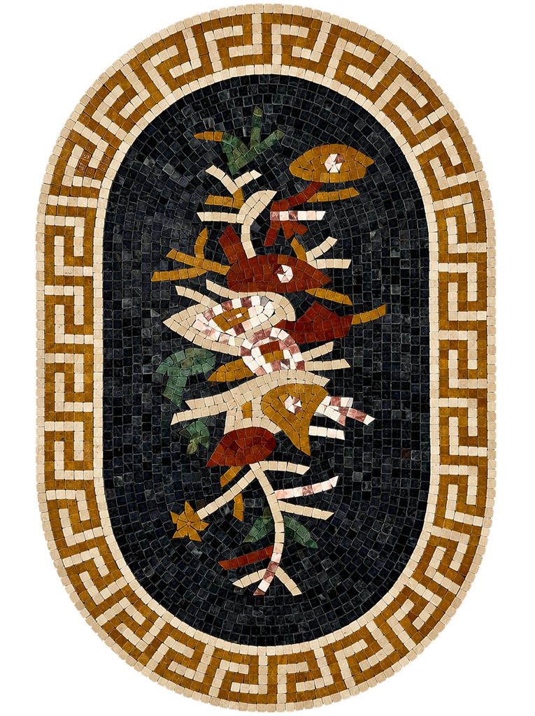 Oval floral mosaic wall hanging with Greek key frame and central bird-and-flower design.