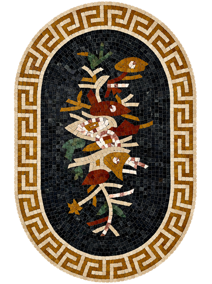 Oval floral mosaic wall hanging with Greek key frame and central bird-and-flower design.
