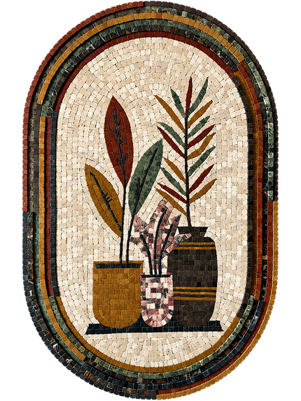 Oval stone mosaic wall art depicting potted plants and vases with multicolor trim