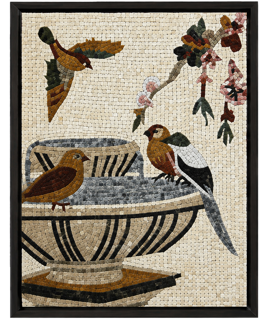 Framed mosaic wall panel with three birds around a patterned blue vase, black frame