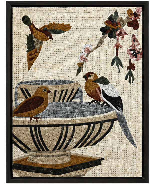 Framed mosaic wall panel with three birds around a patterned blue vase, black frame
