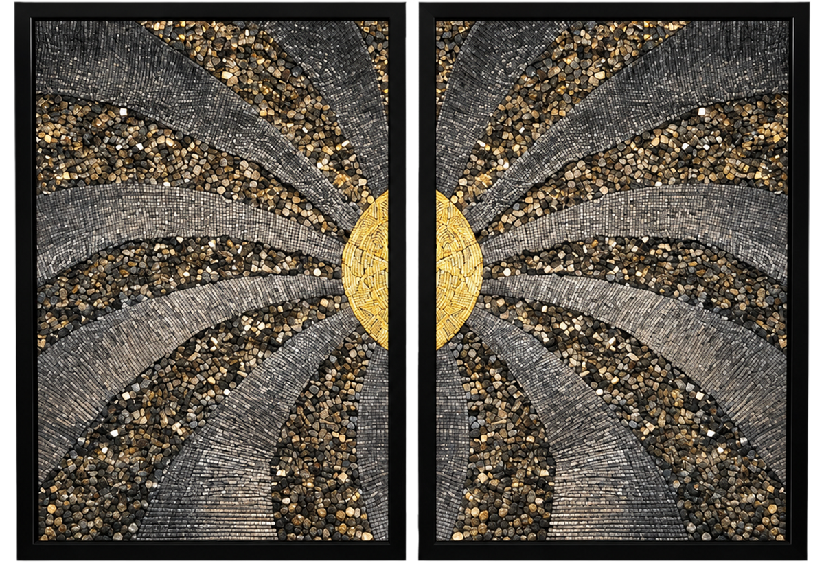 Two framed mosaic panels, tight view of gold-striped arcs over gray and black speckled tiles