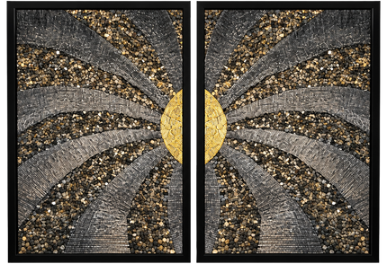 Two framed mosaic panels, tight view of gold-striped arcs over gray and black speckled tiles
