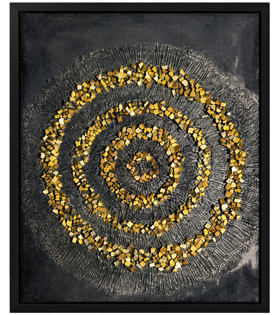 Square framed spiral mandala mosaic with gold and white beadwork on dark canvas.