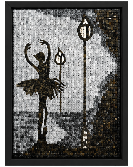 Framed monochrome glass mosaic artwork of a ballerina under a hanging lamp