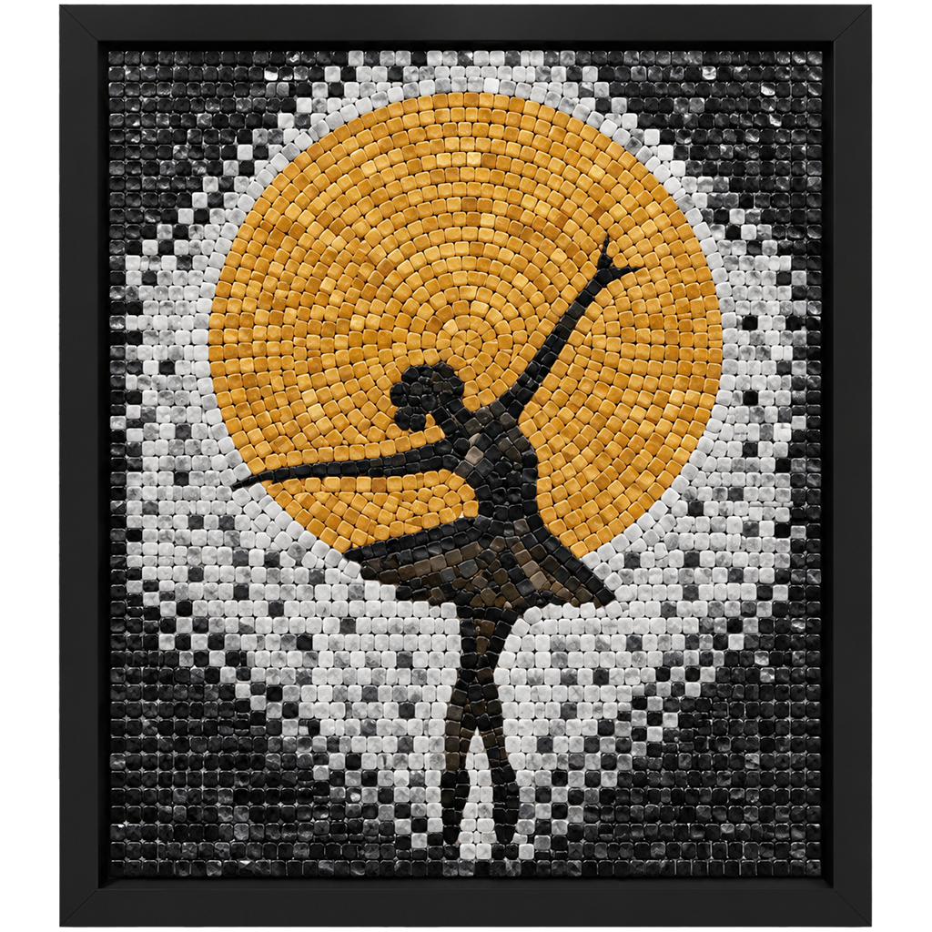 Golden sun and dancer silhouette mosaic wall art in a black frame