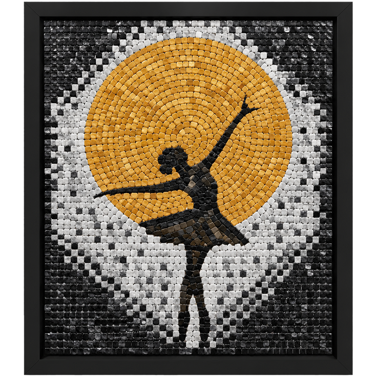 Golden sun and dancer silhouette mosaic wall art in a black frame