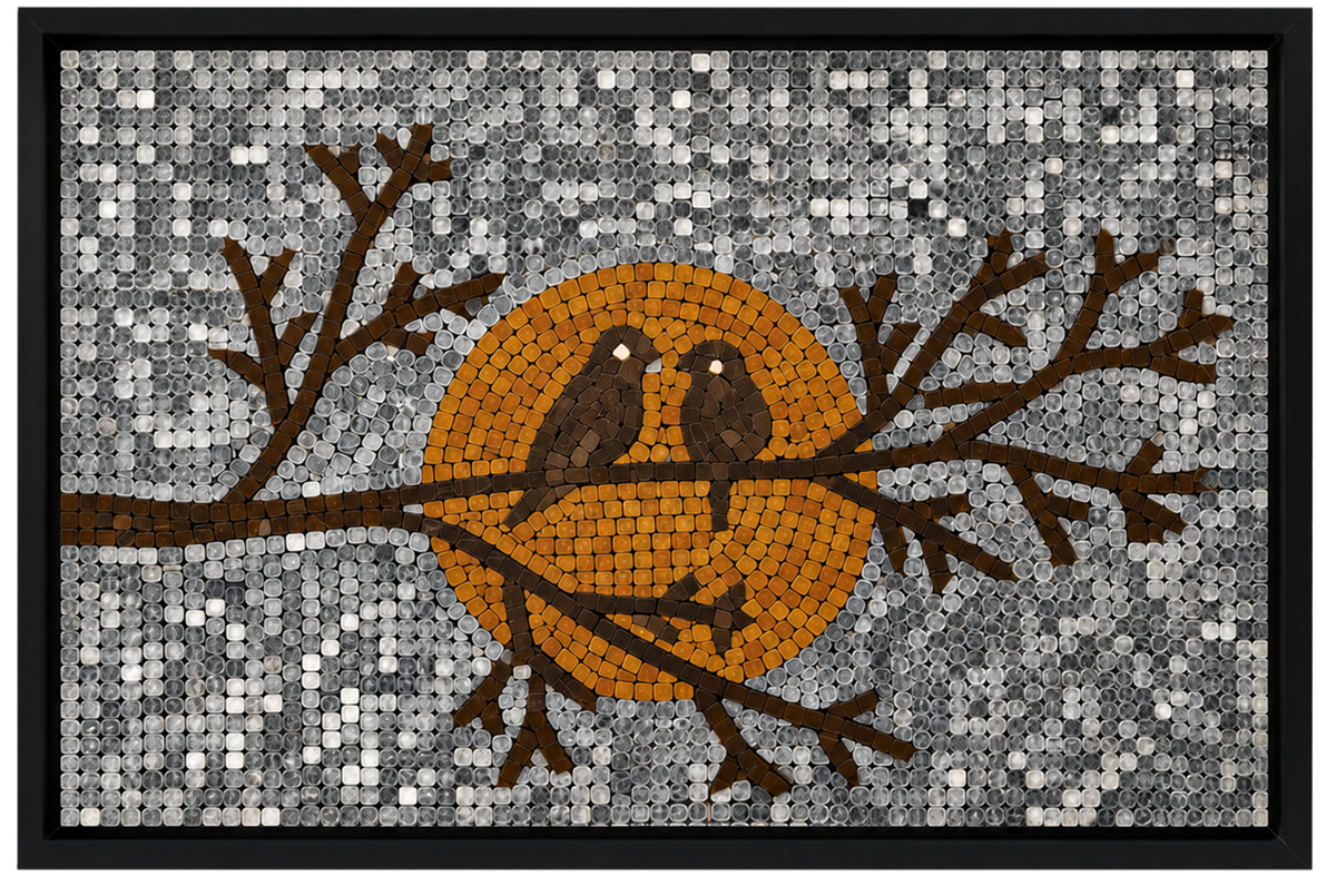 Framed mosaic glass panel featuring orange bird on branches over gray speckled background