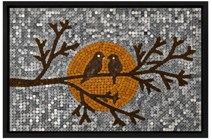 Framed mosaic glass panel featuring orange bird on branches over gray speckled background
