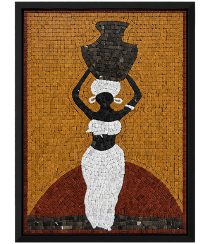 Framed mosaic wall panel of water bearer figure with jug, yellow, white, and black tiles