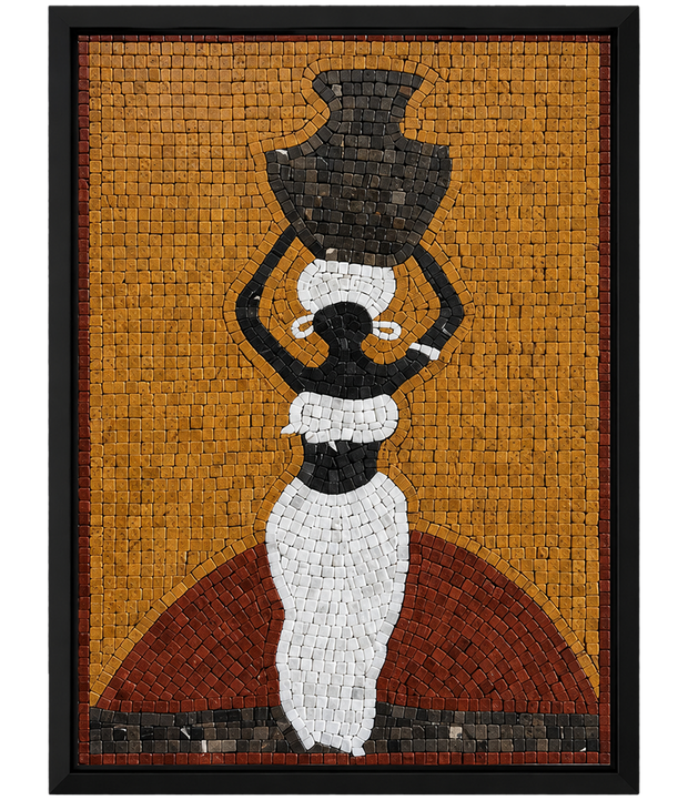 Framed mosaic wall panel of water bearer figure with jug, yellow, white, and black tiles