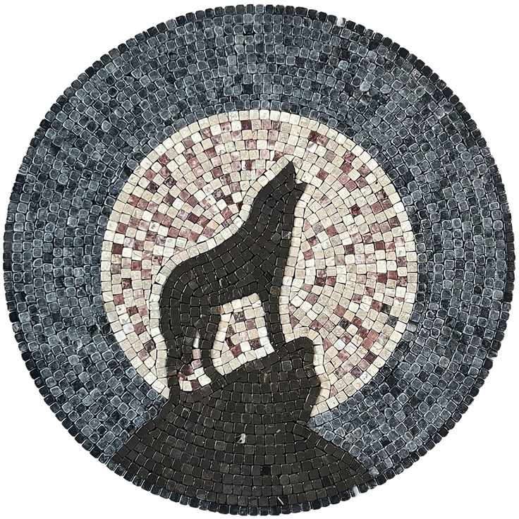 Round wolf howling moon mosaic wall art with detailed gray, black, and white tiles
