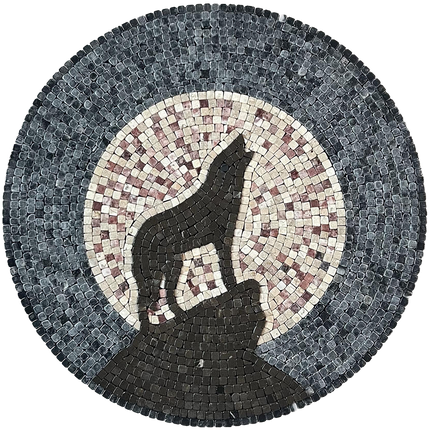 Round wolf howling moon mosaic wall art with detailed gray, black, and white tiles