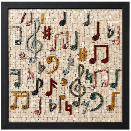 Framed handmade stone mosaic wall art with large treble clef and music notes