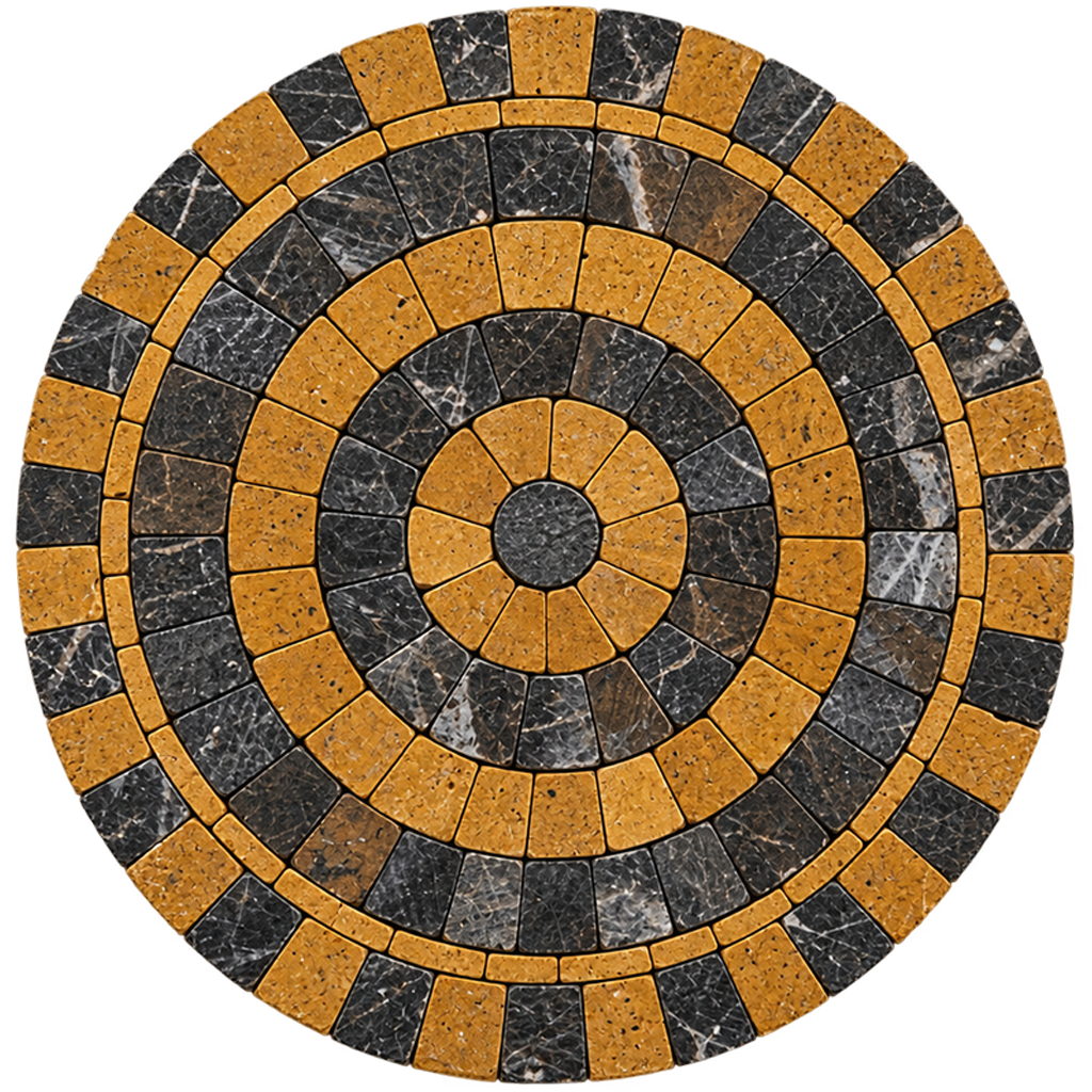 Round stone mosaic coaster with orange, black, and gray concentric tiles and center circle.