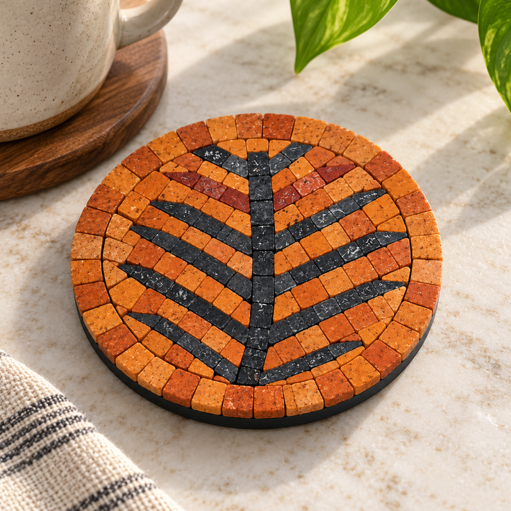 Round stone mosaic coaster with orange tiles, black tree-branch pattern, dark rim