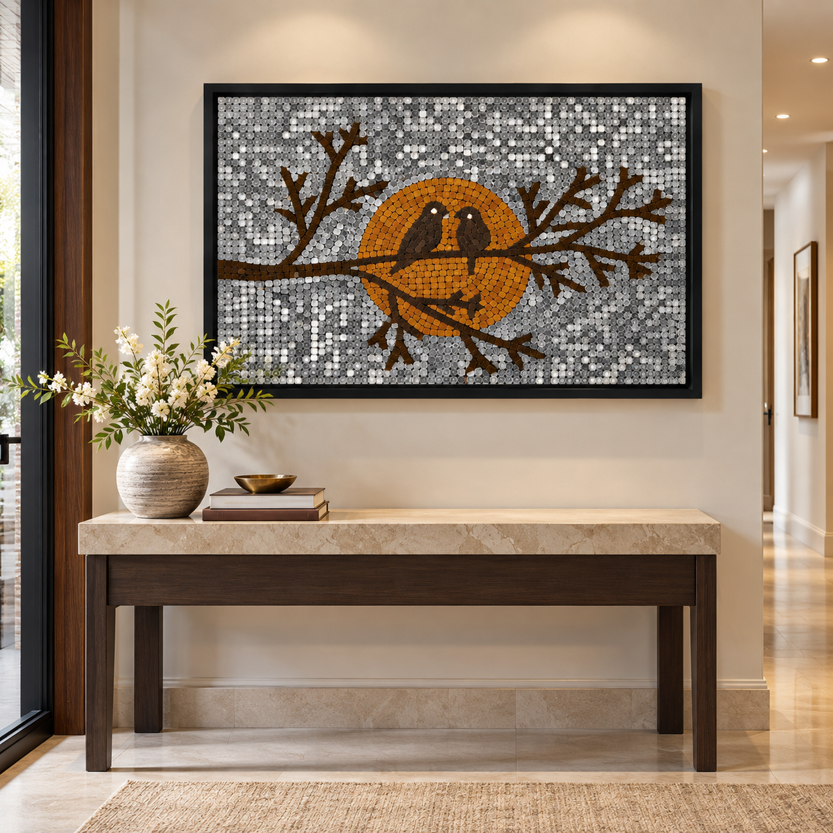Framed mosaic glass bird wall art with orange bird and branches on gray dotted pattern