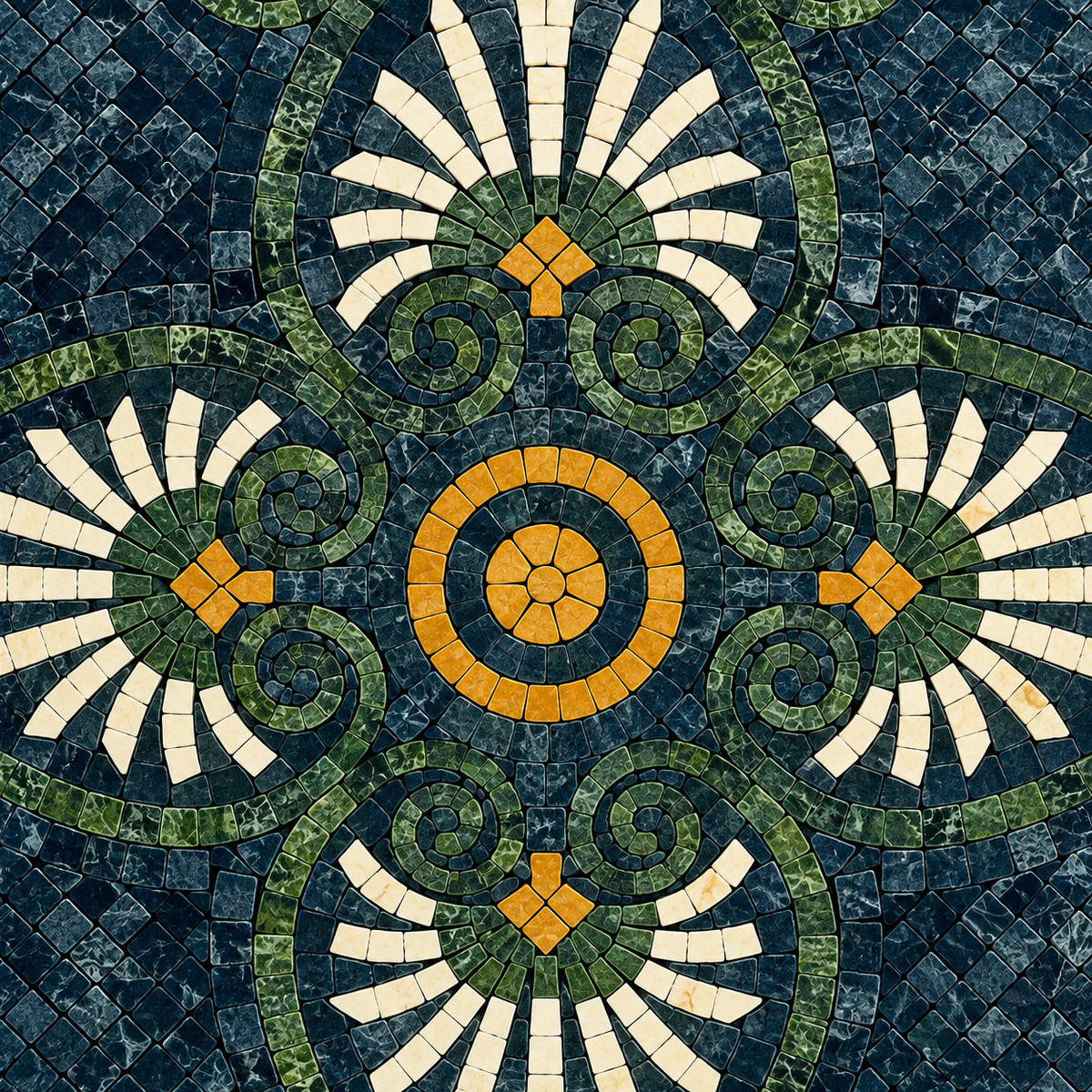 Close-up blue-green stone mosaic with green leaf motifs, white petals, and orange accents