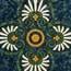 Close-up blue-green stone mosaic with green leaf motifs, white petals, and orange accents