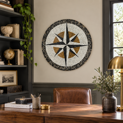 Round stone mosaic wall art compass with multi-tone star and dark outer border