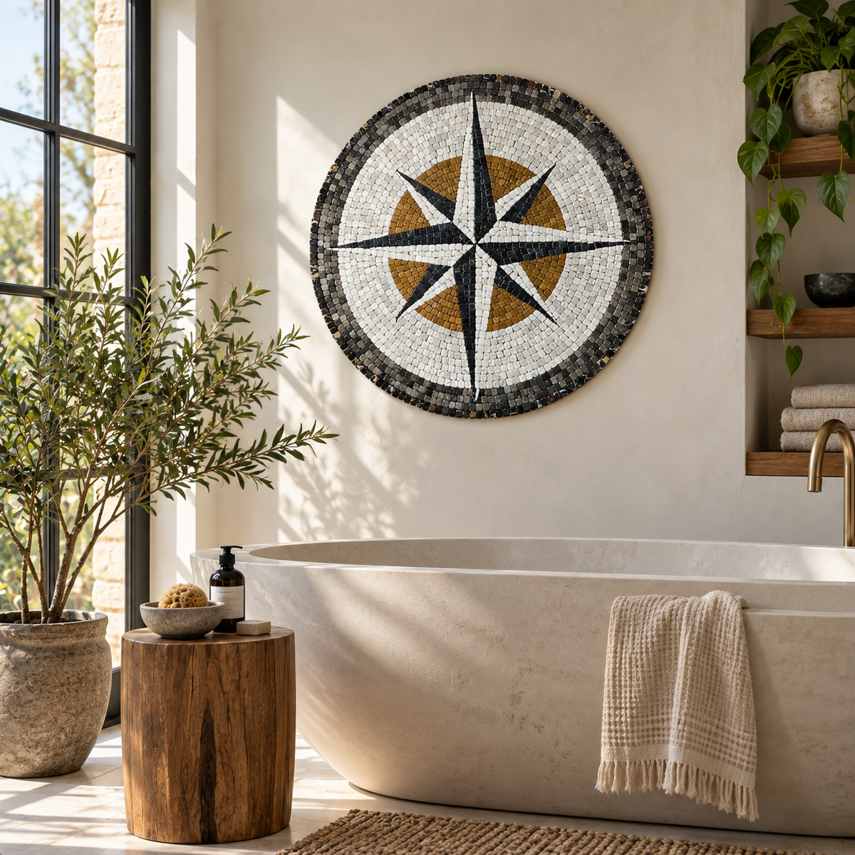 Round stone mosaic compass wall art featuring segmented star in black, white, and gold