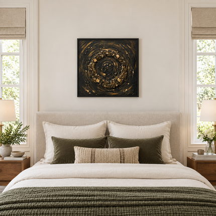 Framed stone mosaic wall art with gold circular swirl above the bed in a bedroom