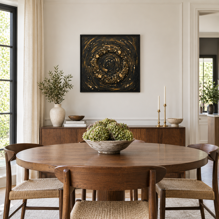 Framed stone mosaic wall art with gold swirl above a sideboard in a dining room