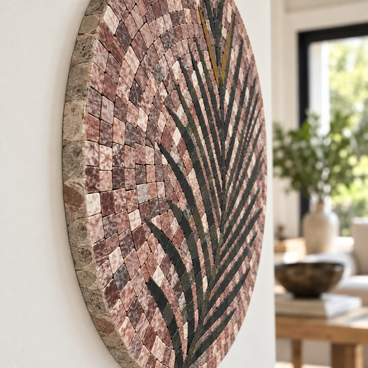 Round palm stone mosaic wall art, close-up of multicolor tile rays