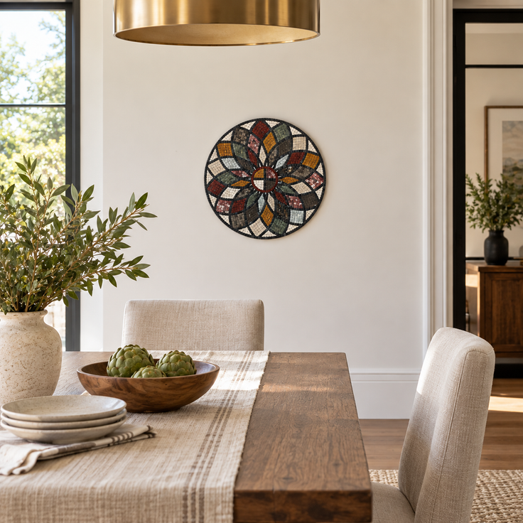Round stone mosaic wall art with multicolor starburst flower design