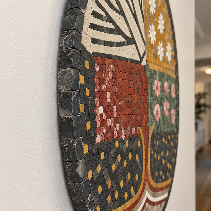 Close-up of round mosaic medallion with geometric blocks in black, cream, red, and gold