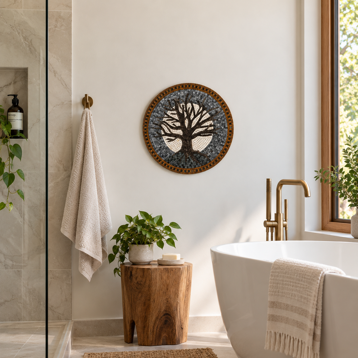 Round stone mosaic wall art featuring a black tree silhouette with gold-toned rim.