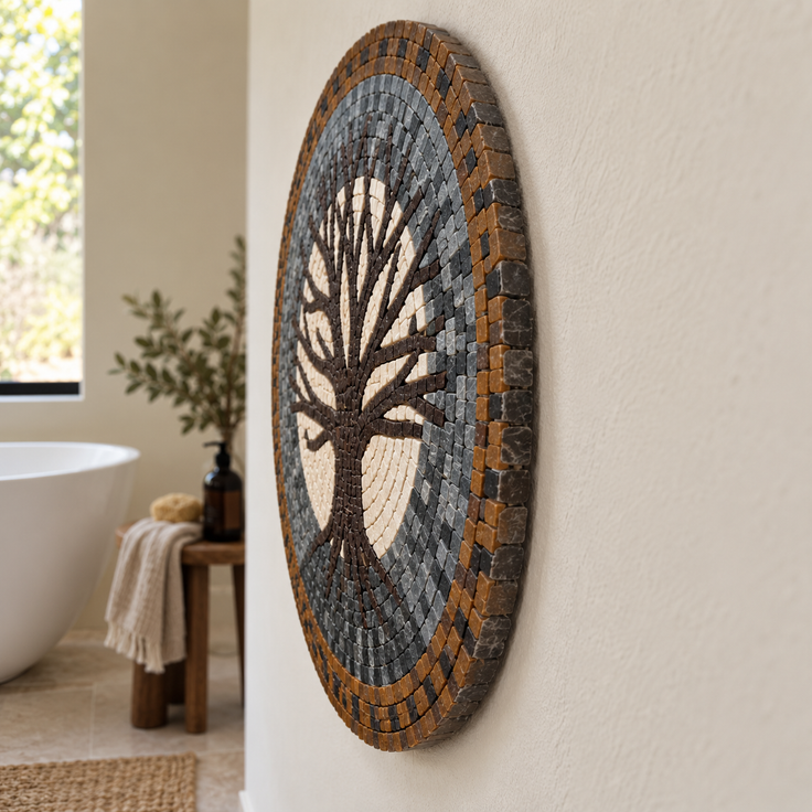 Oval stone mosaic wall art with central tree in gray tones and tan outer border.