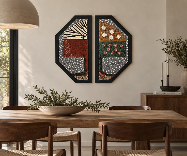 Two-piece handmade stone mosaic wall art set in black octagon frames with striped and floral designs