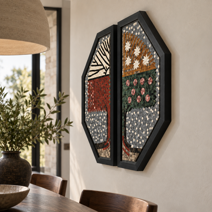 Handmade stone mosaic wall art set with two black octagon frames and floral fall scenes